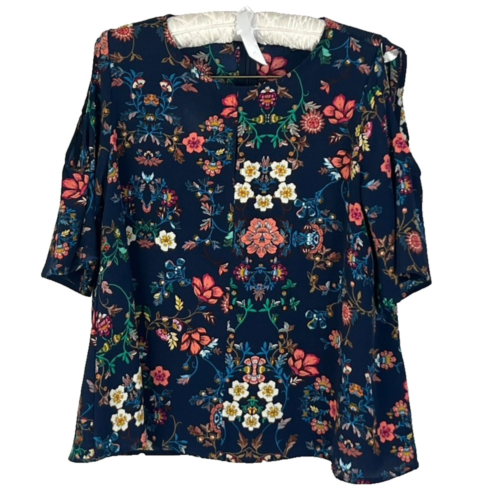 Haute Monde Blouse Womens Size XL Navy Floral Short 3/4 Sleeve Back Zip